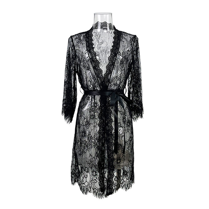 Women's Sexy Mesh Lace V-Neck Pajamas, Sheer Polyester Fabric, Plus Size, Charming