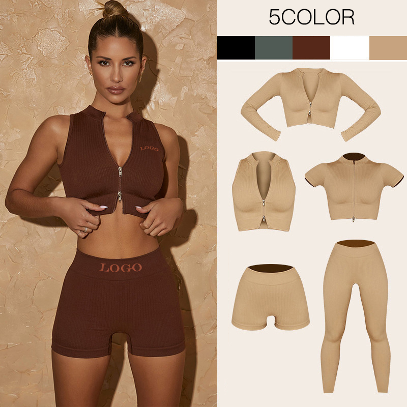 Women Zip Sports Wear Bra Top Workout Clothing Activewear Running Shorts Seamless Leggings Gym Fitness Ribbed Yoga Set