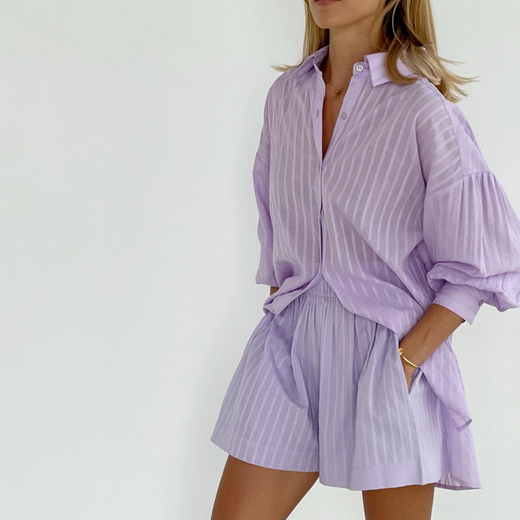 High Quality Women's Casual Outfits Fashion Loose Oversize 2 Piece Short Set Cotton Stripe Pajamas Elastic Waist For Lounge Use