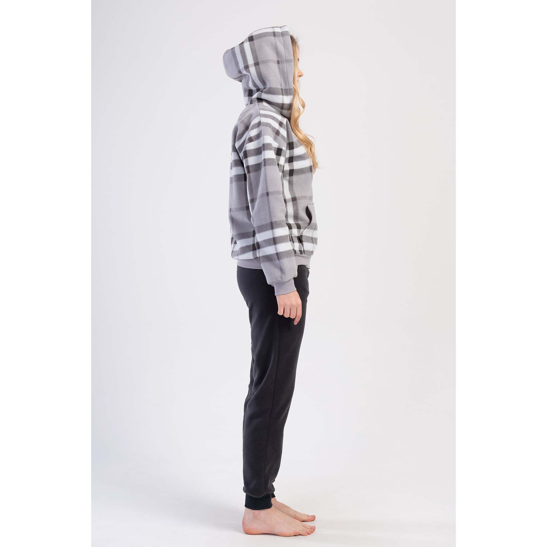 Women's Long-Sleeve Fleece Hooded Pajama Set Zip-Up with Kangaroo Pockets Cuffs Dropped-Shoulder Design for Comfort Sleepwear