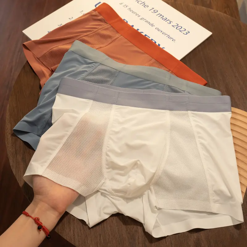 Men's Ultra-Thin Breathable Ice Silk Boxer-Style Underwear for Summer Mid-Rise Hollowed-Out Design for Southeast Asia Africa