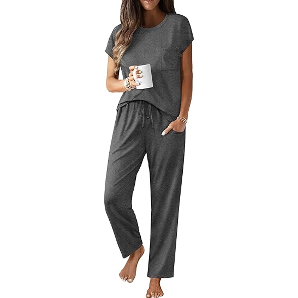 Women Designer Style for Wear Set Casual Short Sleeve Cotton Elastic Waist Pants 2-Piece Long Custom Printing Wholesale