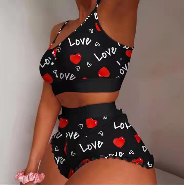 2025 Women Lounge Wear Button Lettuce Trim Pajamas Print Shorts Casual Digital Printing Clothes for Women Woven