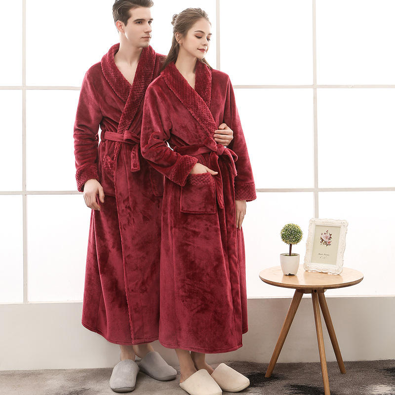 Custom Bath Robe Fashion Couple Pajamas 100% Polyester Flannel Men's Sleepwear extra Shawl Collar Women Bathrobes with logo