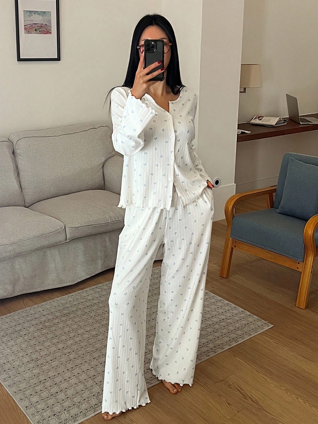 Custom Long Sleeve PJ Cotton Pyjamas Bow Print Sleepwear Causal Modal Bamboo Pajamas Loungewear Women Sets