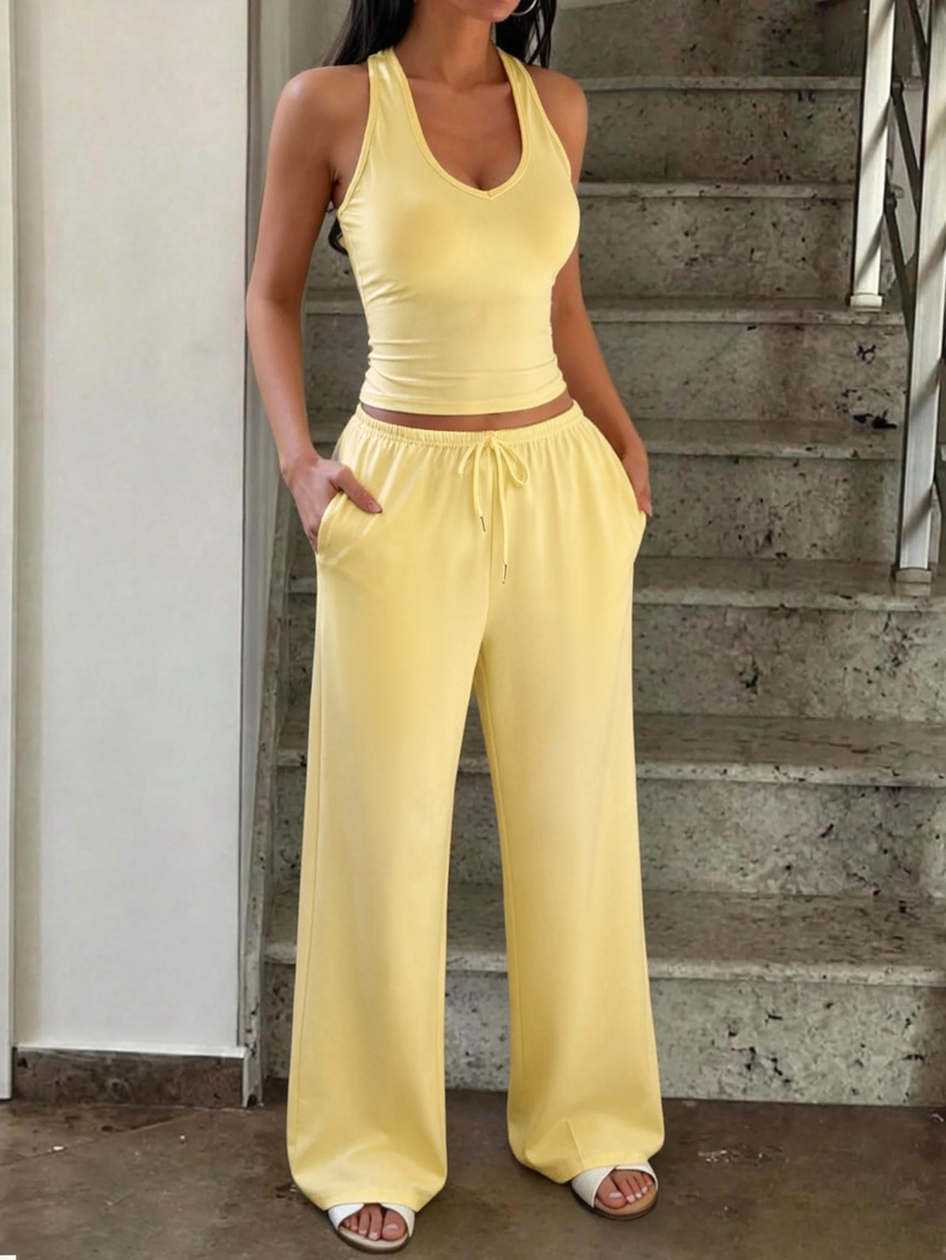Casual Wide Leg Yoga Set Women Loungewear 2 Piece Loose Fit Sleeveless Racerback Tank Top Palazzo Pants Pockets Travel Outfit