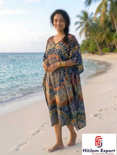 HitItem Export Women Bohemian Kaftan Dress V Neck Beach Cover Up Loose Fit Resort Wear OEM ODM Manufacturer Supplier