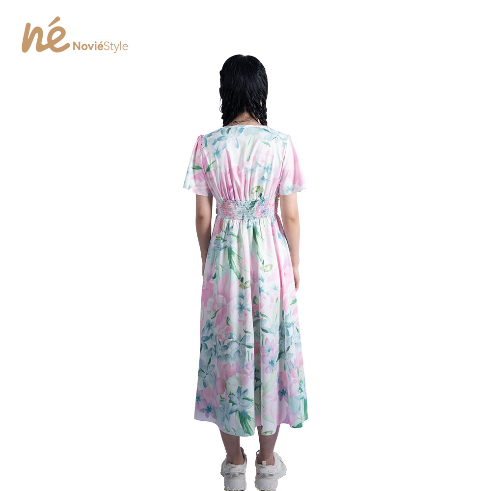 Summer Casual Breathable Eco-Friendly Washable Woven Worsted Waist Short Sleeve Floral Print A-Line Maxi Dress Hawaiian