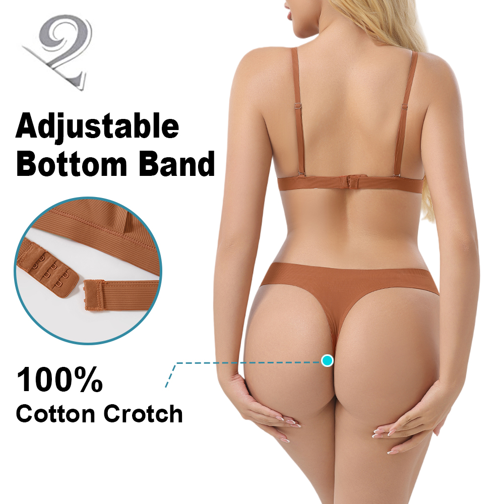BR15 DD03 ODM Women's Invisible Wirefree Triangle Sexy Deep Plunge Soft Cup Back Closure Bralette Thong Underwear Set