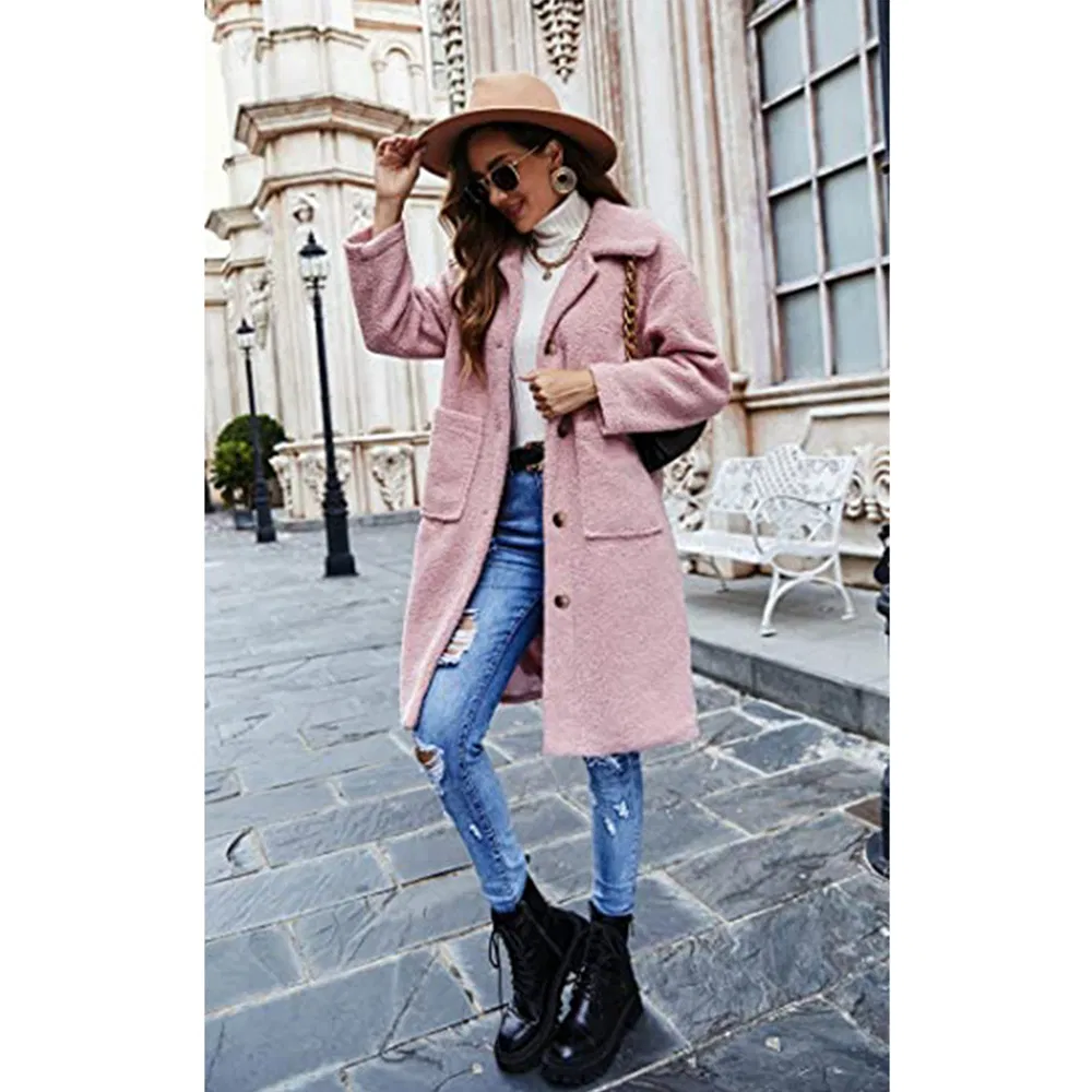 Factory Mamnufacturer Women's Fashion Winter Coats Fuzzy Fleece Long Hooded Jackets Button Down Faux Fur Warm Outerwear
