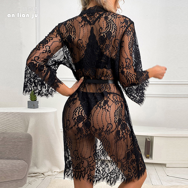 Women's Sexy Mesh Lace V-Neck Pajamas, Sheer Polyester Fabric, Plus Size, Charming
