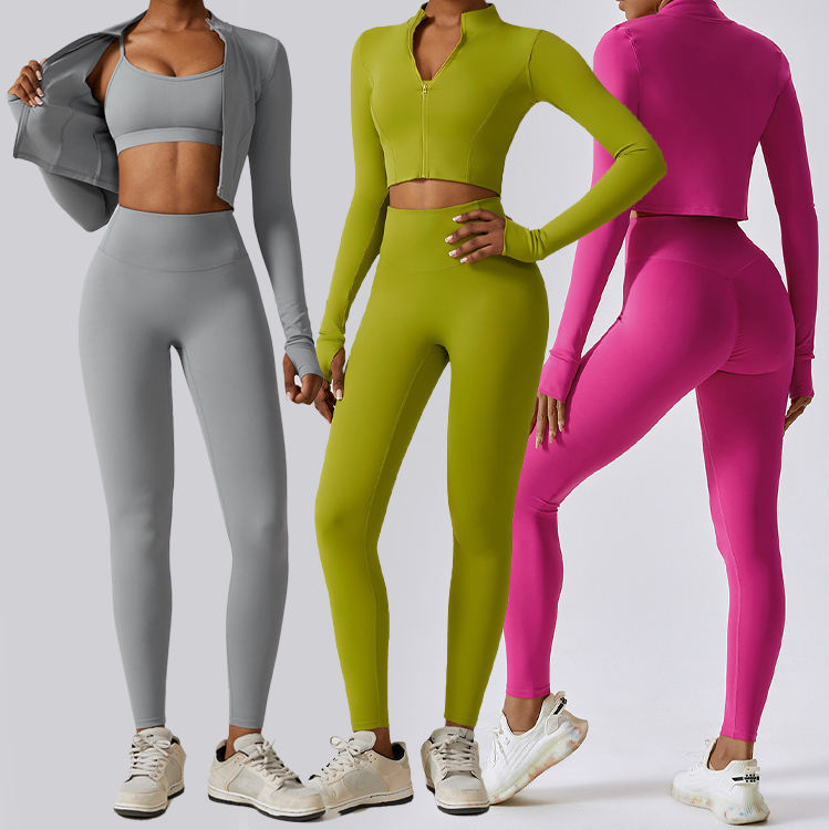 Wholesale Workout Custom logo Fitness Set Butt Lift Long Sleeve 4 Piece Yoga Sets Active Wear Women Gym Clothes Kit Sweat Suit