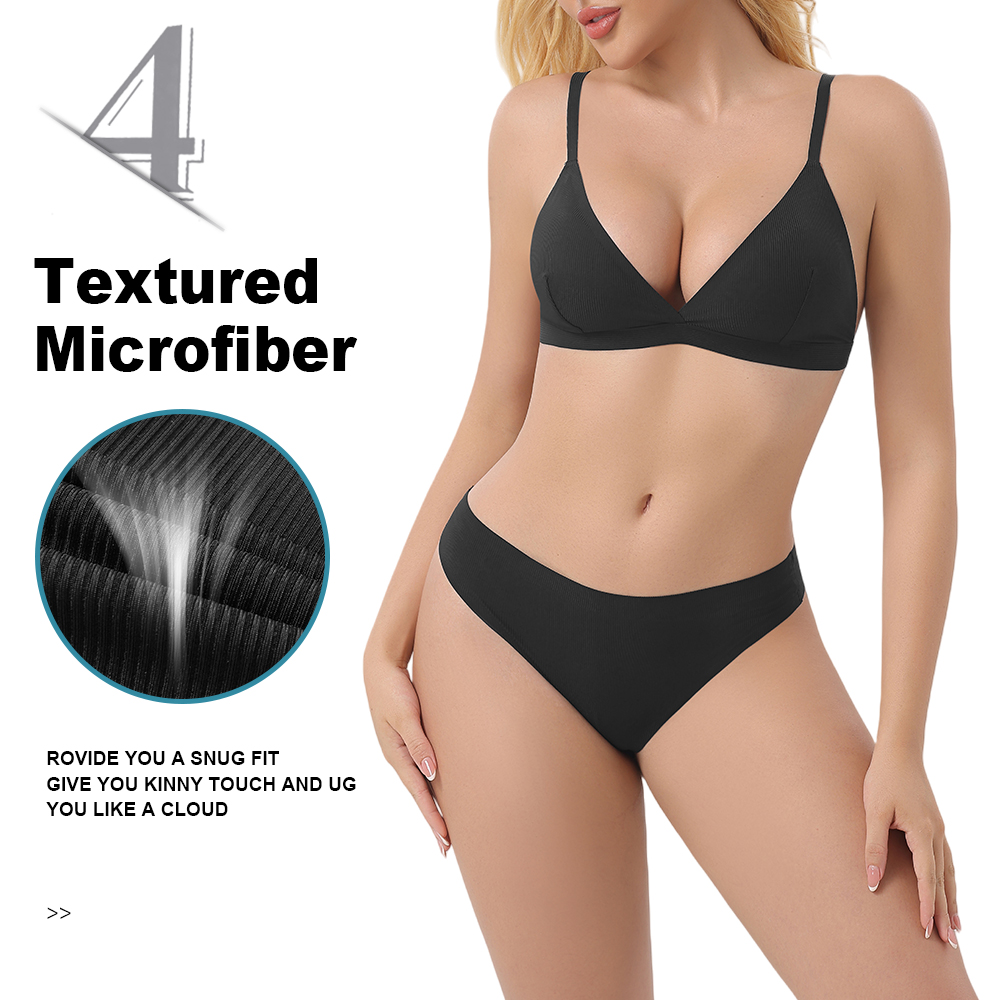 BR15 DD03 ODM Women's Invisible Wirefree Triangle Sexy Deep Plunge Soft Cup Back Closure Bralette Thong Underwear Set