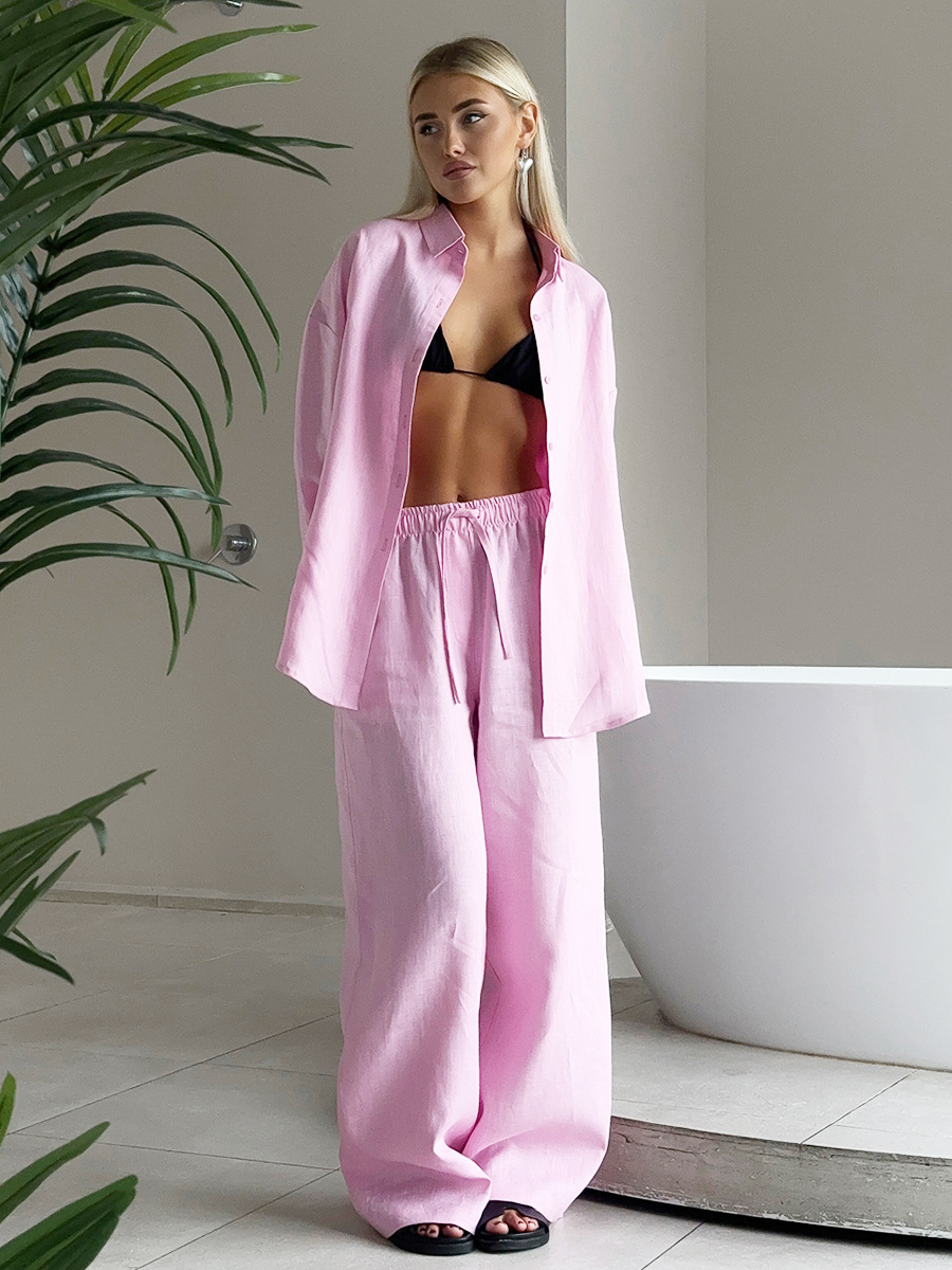 Custom Linen Cotton Women's Clothing 2 Piece Set Girl Long Sleeve Pant Set Casual Outfit Cotton Linen Women's Sets