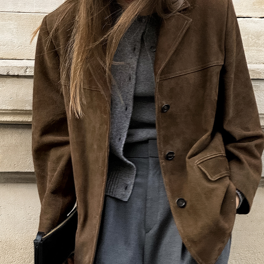 Trendy Brown Suede Leather Outerwear for Modern Fashion