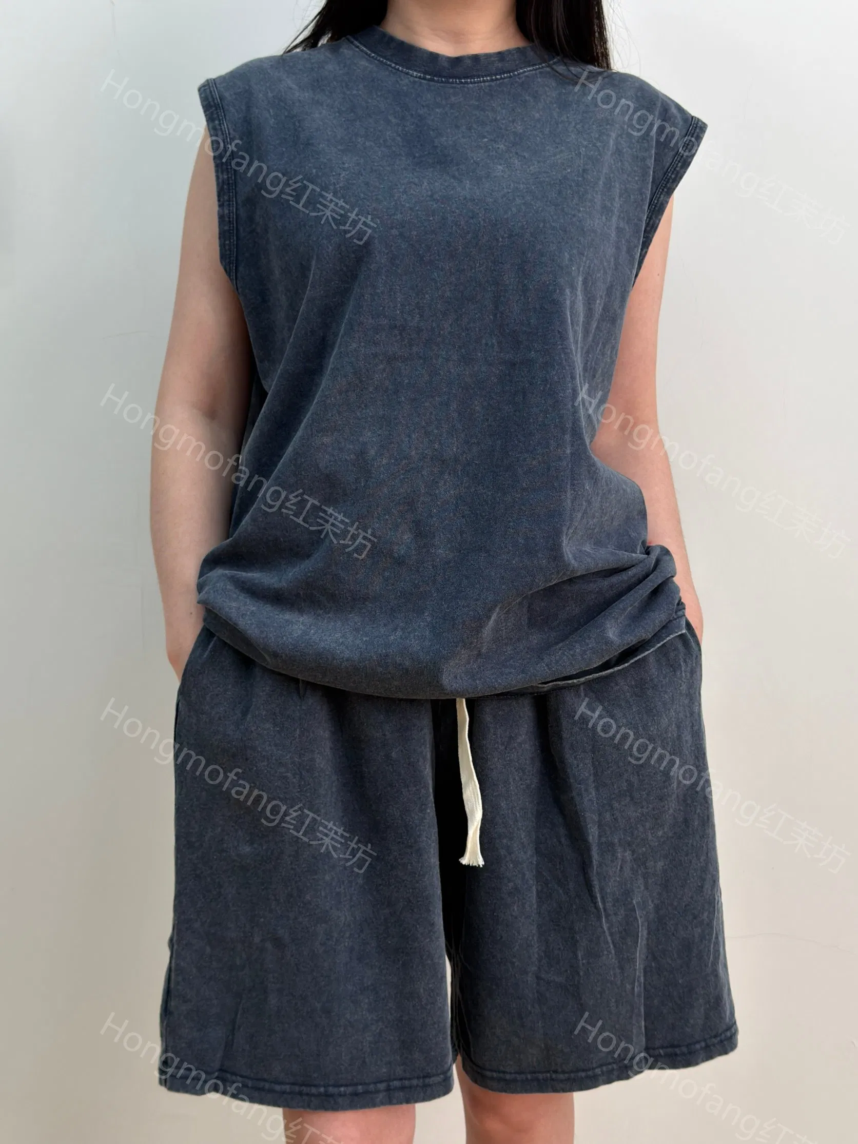 Custom Logo Acid Washed Vintage 2-Piece Set Distressed Heavyweight Blank Oversized 100% Cotton Streetwear Men Set Tracksuit