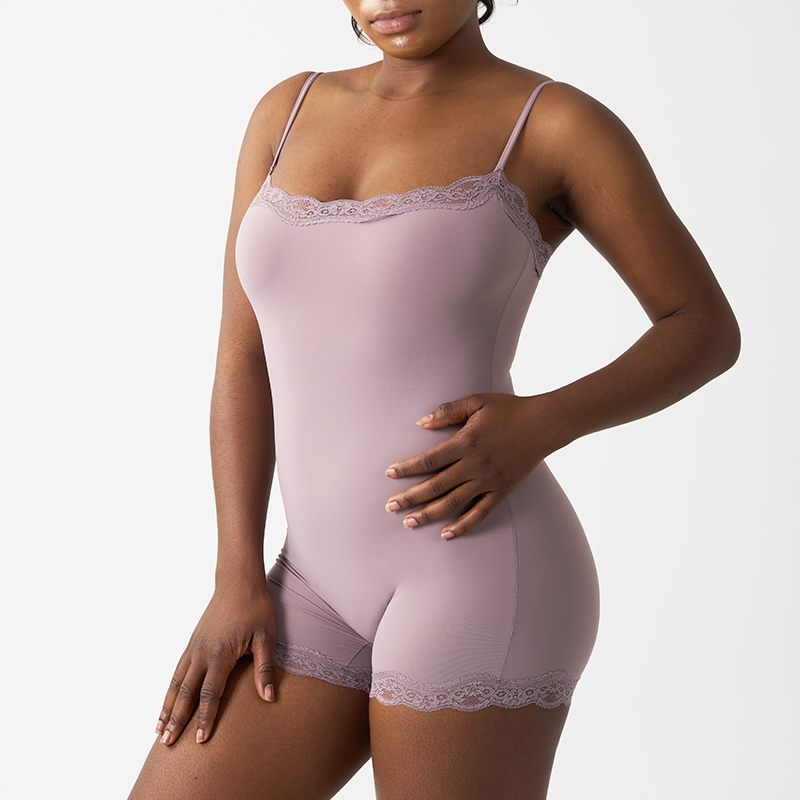 Factory Outlet (ODM/OEM) 76% Nylon/24% Spandex Lace Bodysuit, Nude Feel, Skin-Friendly and Soft, Inner Strap, Flat Shoulder, Double Layer Bodysuit Shapewear