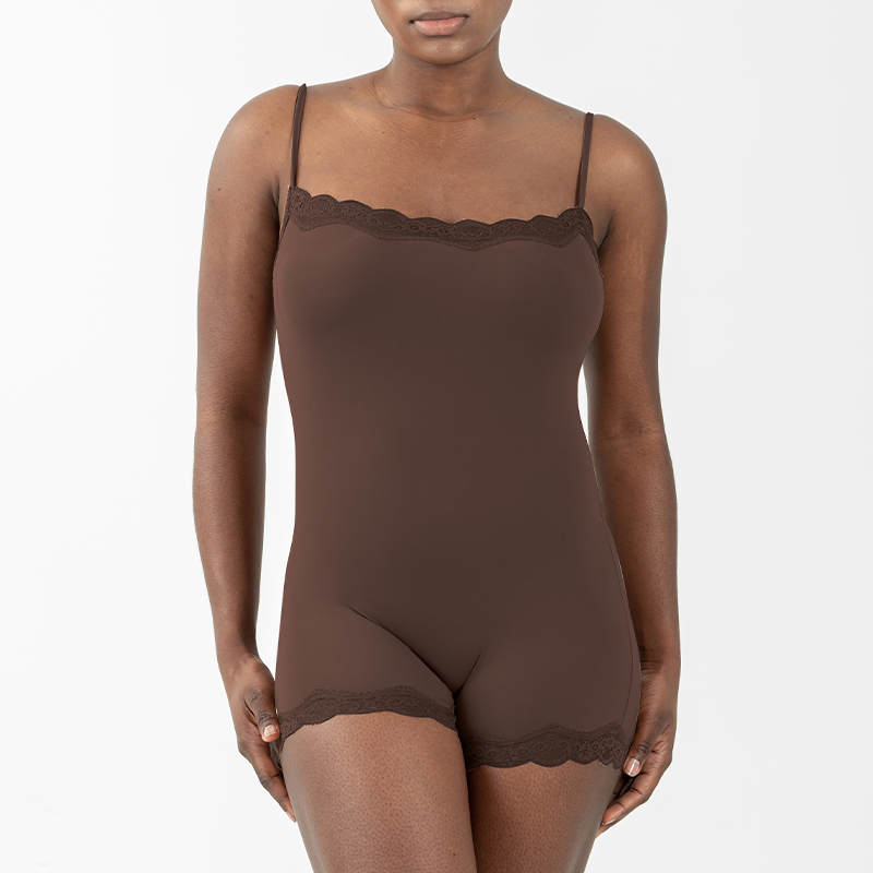 Factory Outlet (ODM/OEM) 76% Nylon/24% Spandex Lace Bodysuit, Nude Feel, Skin-Friendly and Soft, Inner Strap, Flat Shoulder, Double Layer Bodysuit Shapewear