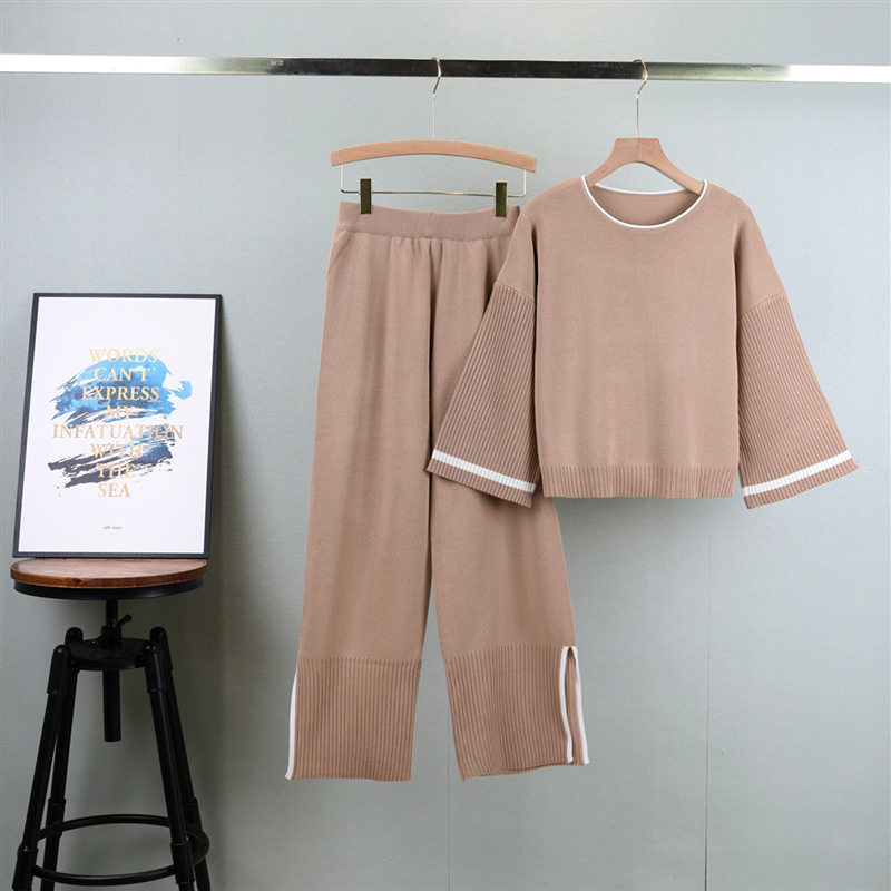 Casual Korean-Style Design Spring Loose-Sleeve Viscose Top &amp; Slit Wide-Leg Pants Anti-Wrinkle Two-Piece Set for Women