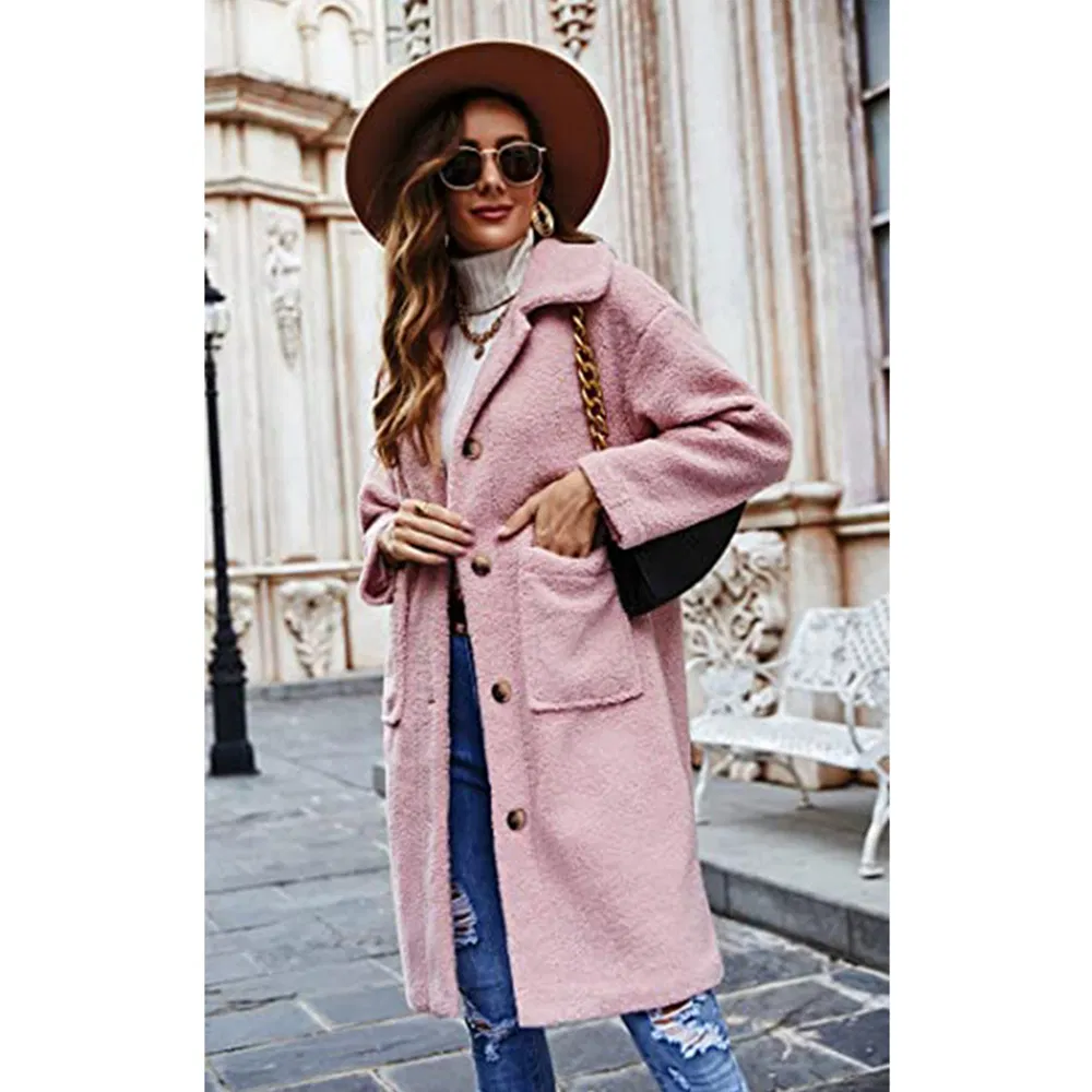 Factory Mamnufacturer Women's Fashion Winter Coats Fuzzy Fleece Long Hooded Jackets Button Down Faux Fur Warm Outerwear