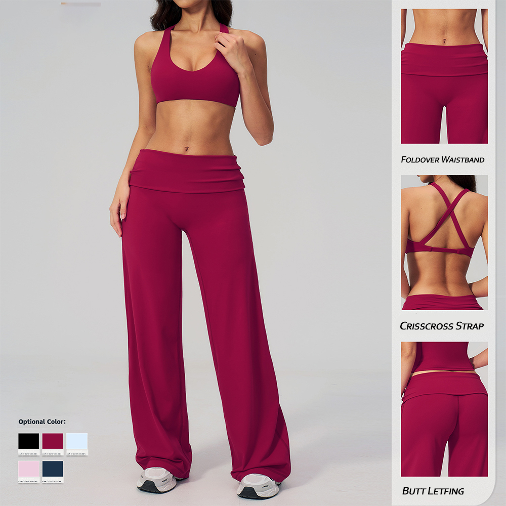 Foldover Waistband 5 Pieces Yoga Set Crisscross Strap Bra Short Sleeves Tee Booty Lefting Fold Over Straight Pants Outfit Suits