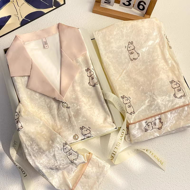 Cute Rabbit Golden Velvet Sleepwear Women's Autumn/Winter Long Sleeve Pants Sweet and Cute Warm Home Clothes Two Piece Set