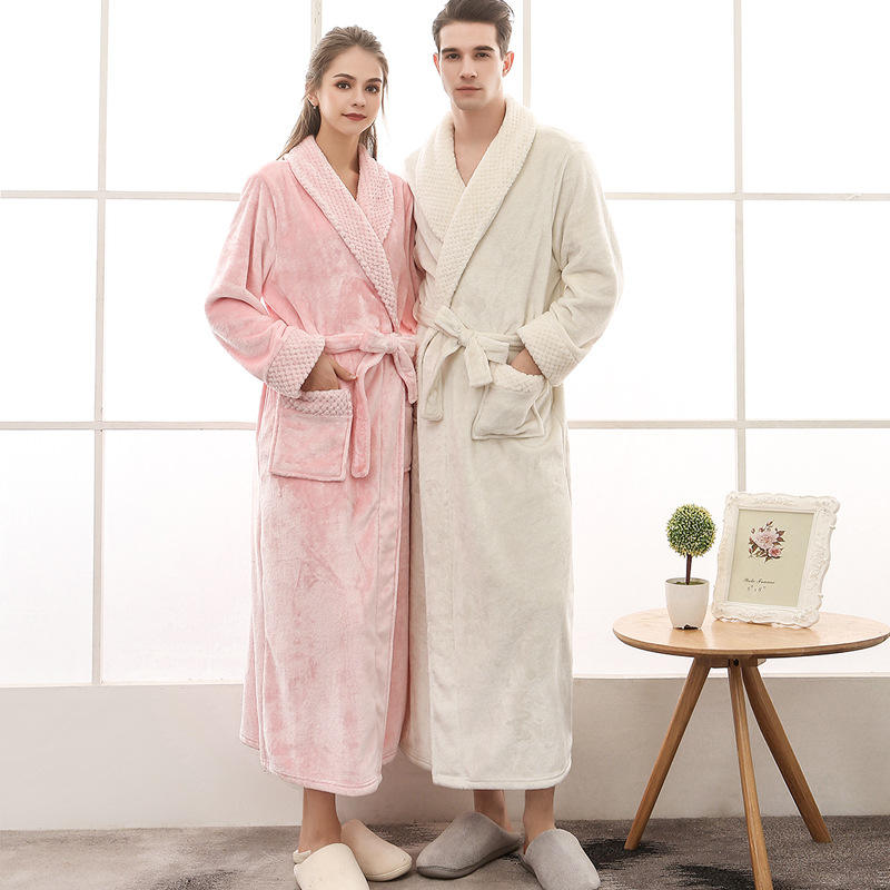 Custom Bath Robe Fashion Couple Pajamas 100% Polyester Flannel Men's Sleepwear extra Shawl Collar Women Bathrobes with logo