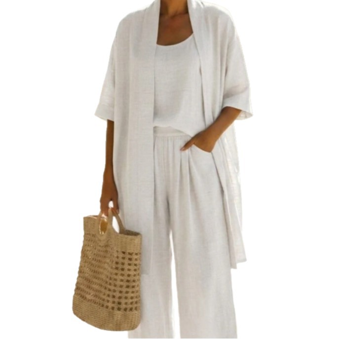2026 Cross-Border Summer Three-Piece Set Europe America Strap-Style Cardigan Straight-Leg Pants Solid Color Casual Resort Wear