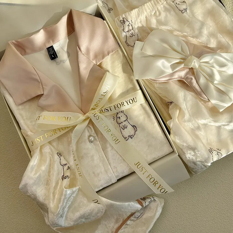 Cute Rabbit Golden Velvet Sleepwear Women's Autumn/Winter Long Sleeve Pants Sweet and Cute Warm Home Clothes Two Piece Set