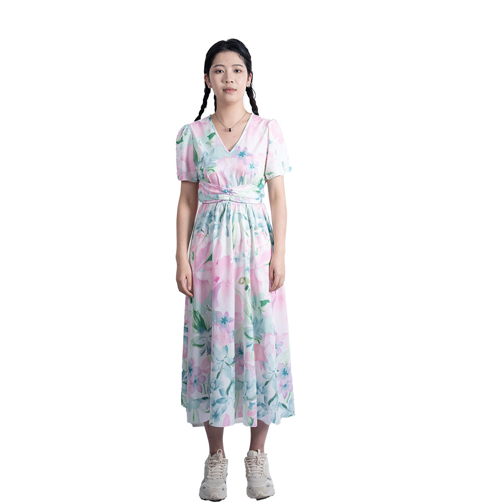 Summer Casual Breathable Eco-Friendly Washable Woven Worsted Waist Short Sleeve Floral Print A-Line Maxi Dress Hawaiian
