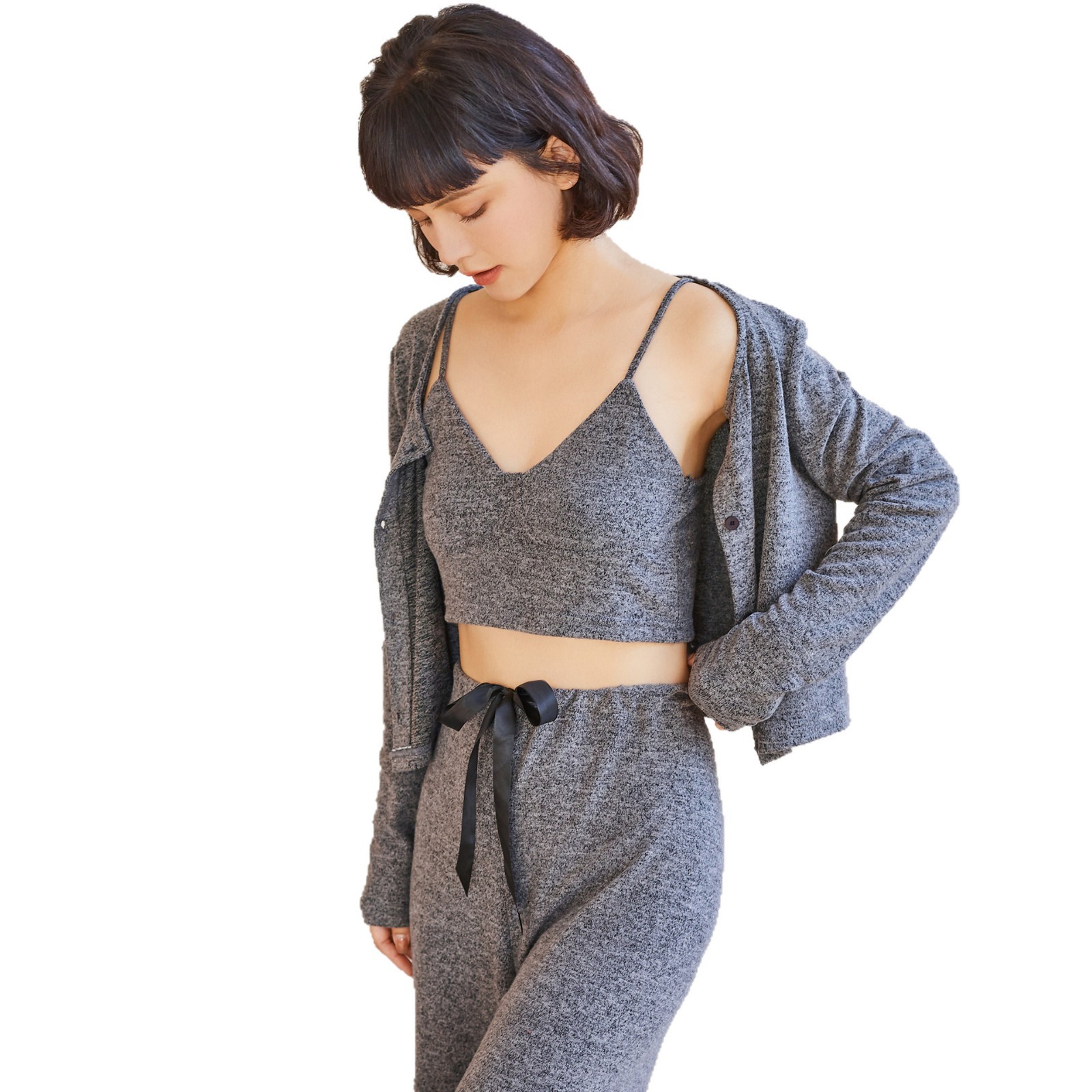 Spring/Autumn Womens Luxurious Pajama Set High-End Loungewear Removable Chest Pads Wearable Breathable Brushed Fabric V-Neck