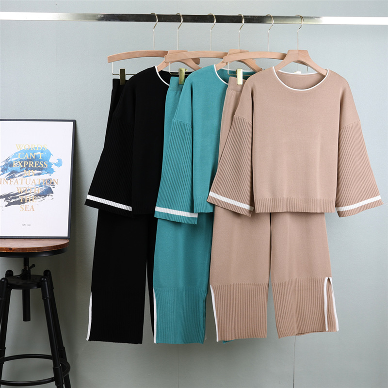 Casual Korean-Style Design Spring Loose-Sleeve Viscose Top &amp; Slit Wide-Leg Pants Anti-Wrinkle Two-Piece Set for Women