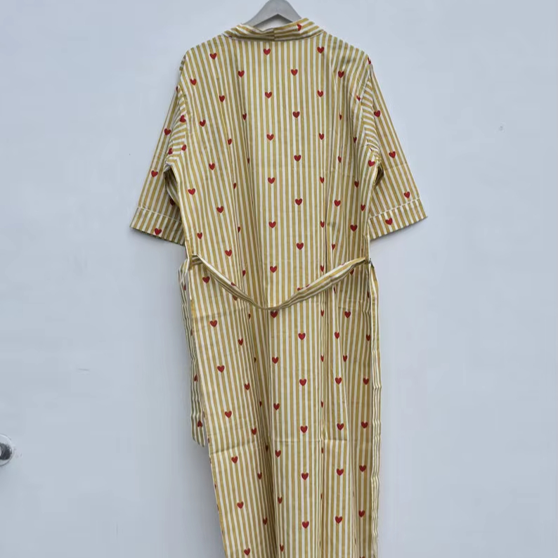 Block Print Handmade 100% Cotton Romantic Spring/Summer V-neck Full Length Kimono Robe Soft Quick Dry Beach Loungewear Women One