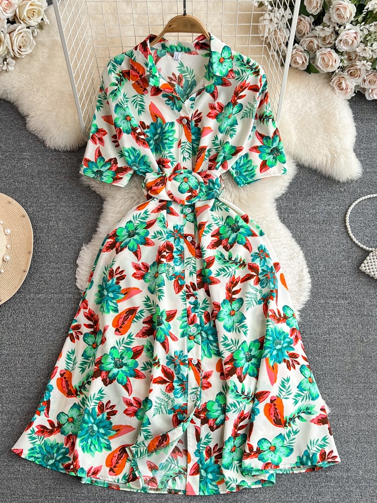 Summer Korean High-Grade Light Luxury Premium Short Sleeve Lapel and Waist Tight Slimming Single-Breasted Printed Casual Dress