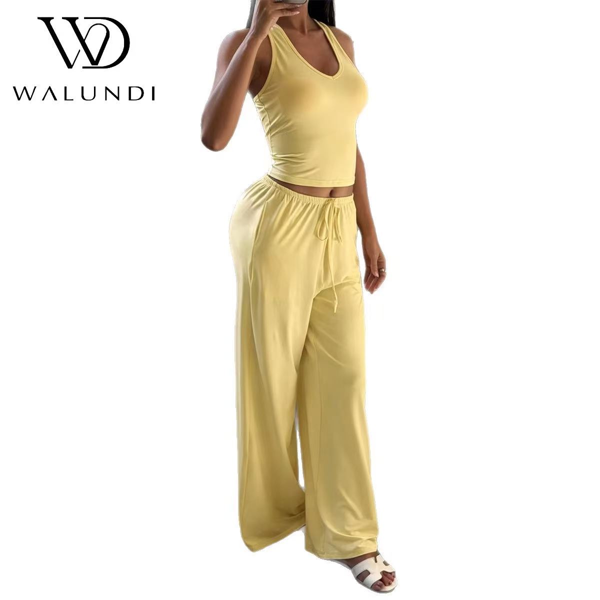 Casual Wide Leg Yoga Set Women Loungewear 2 Piece Loose Fit Sleeveless Racerback Tank Top Palazzo Pants Pockets Travel Outfit