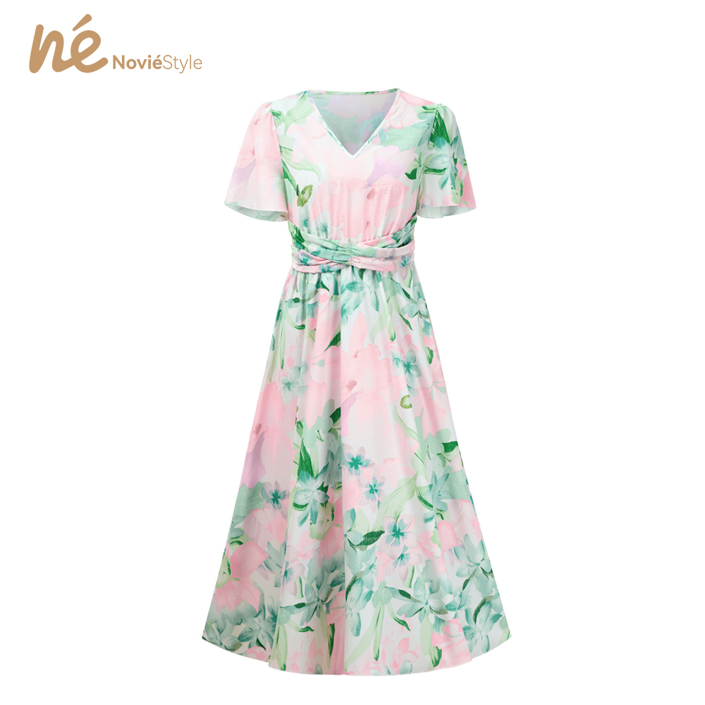 Summer Casual Breathable Eco-Friendly Washable Woven Worsted Waist Short Sleeve Floral Print A-Line Maxi Dress Hawaiian