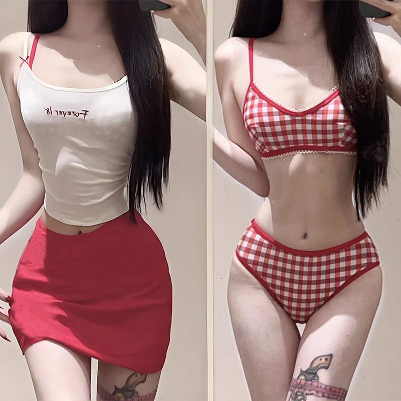 Womens 4-Piece Set Plaid Chiffon Bikini Stunning Low-Height Atmospheric Soft &amp; Alluring Resort Hot Spring Swimwear