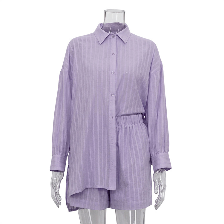 High Quality Women's Casual Outfits Fashion Loose Oversize 2 Piece Short Set Cotton Stripe Pajamas Elastic Waist For Lounge Use
