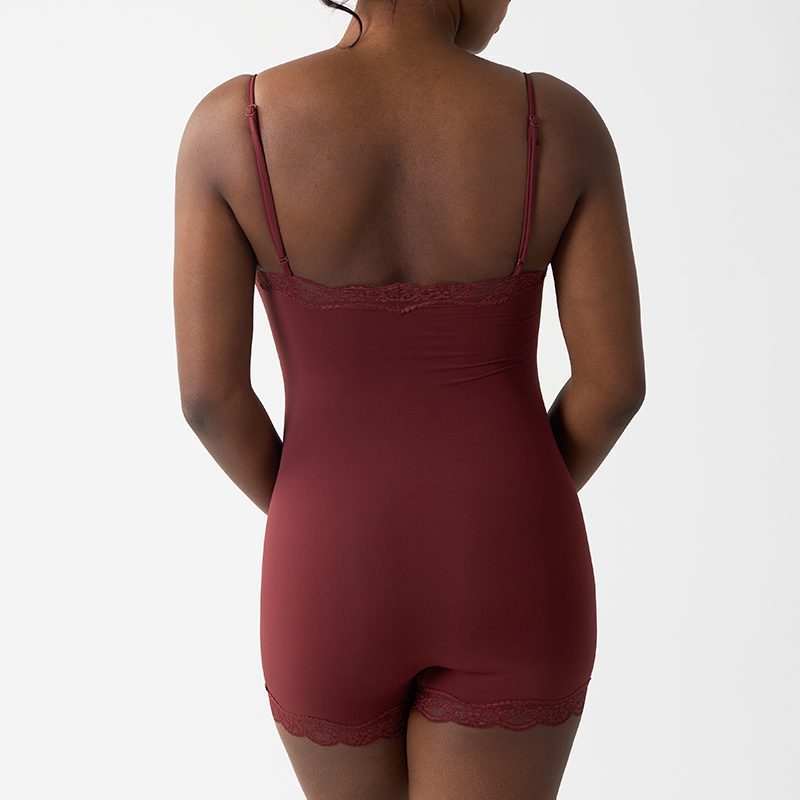 Factory Outlet (ODM/OEM) 76% Nylon/24% Spandex Lace Bodysuit, Nude Feel, Skin-Friendly and Soft, Inner Strap, Flat Shoulder, Double Layer Bodysuit Shapewear