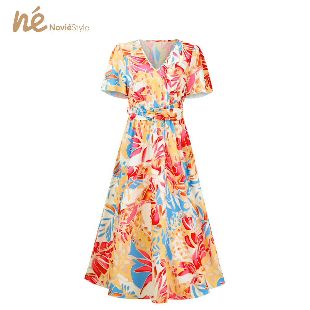 Summer Casual Breathable Eco-Friendly Washable Woven Worsted Waist Short Sleeve Floral Print A-Line Maxi Dress Hawaiian