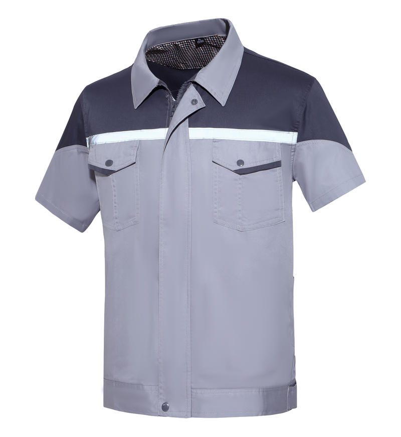 Custom Logo Men's Short Sleeve Workwear Shirt Durable CVC 60/40 Work Uniform Breathable Contrast Mechanical Shirt