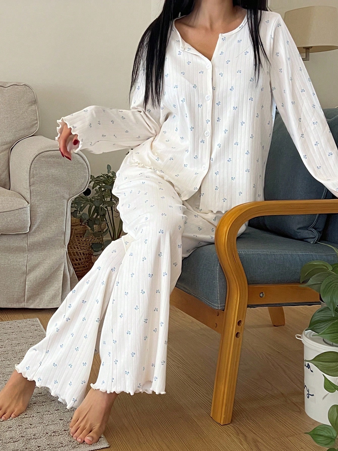 Custom Long Sleeve PJ Cotton Pyjamas Bow Print Sleepwear Causal Modal Bamboo Pajamas Loungewear Women Sets
