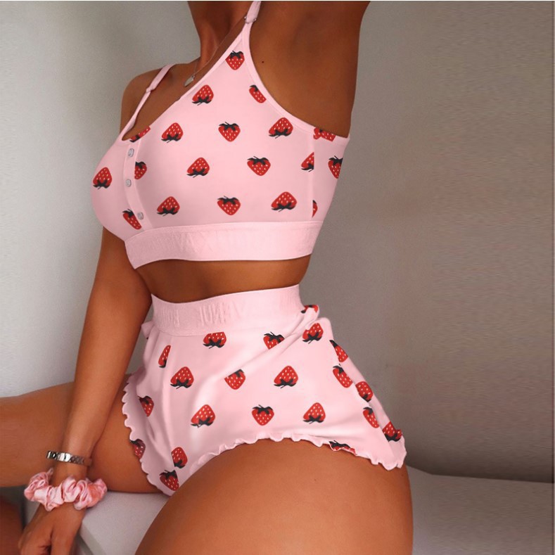 2025 Women Lounge Wear Button Lettuce Trim Pajamas Print Shorts Casual Digital Printing Clothes for Women Woven