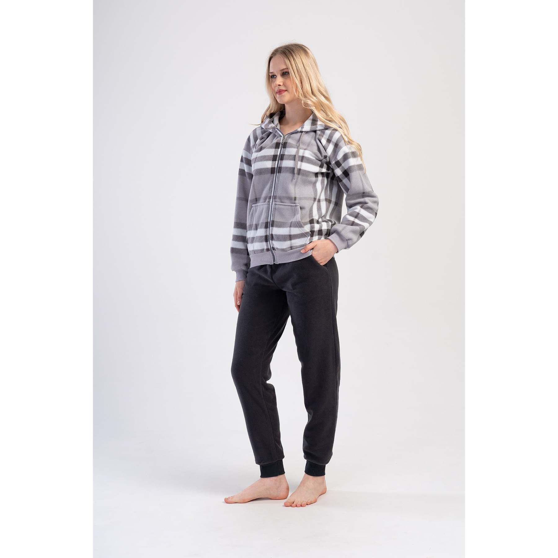 Women's Long-Sleeve Fleece Hooded Pajama Set Zip-Up with Kangaroo Pockets Cuffs Dropped-Shoulder Design for Comfort Sleepwear