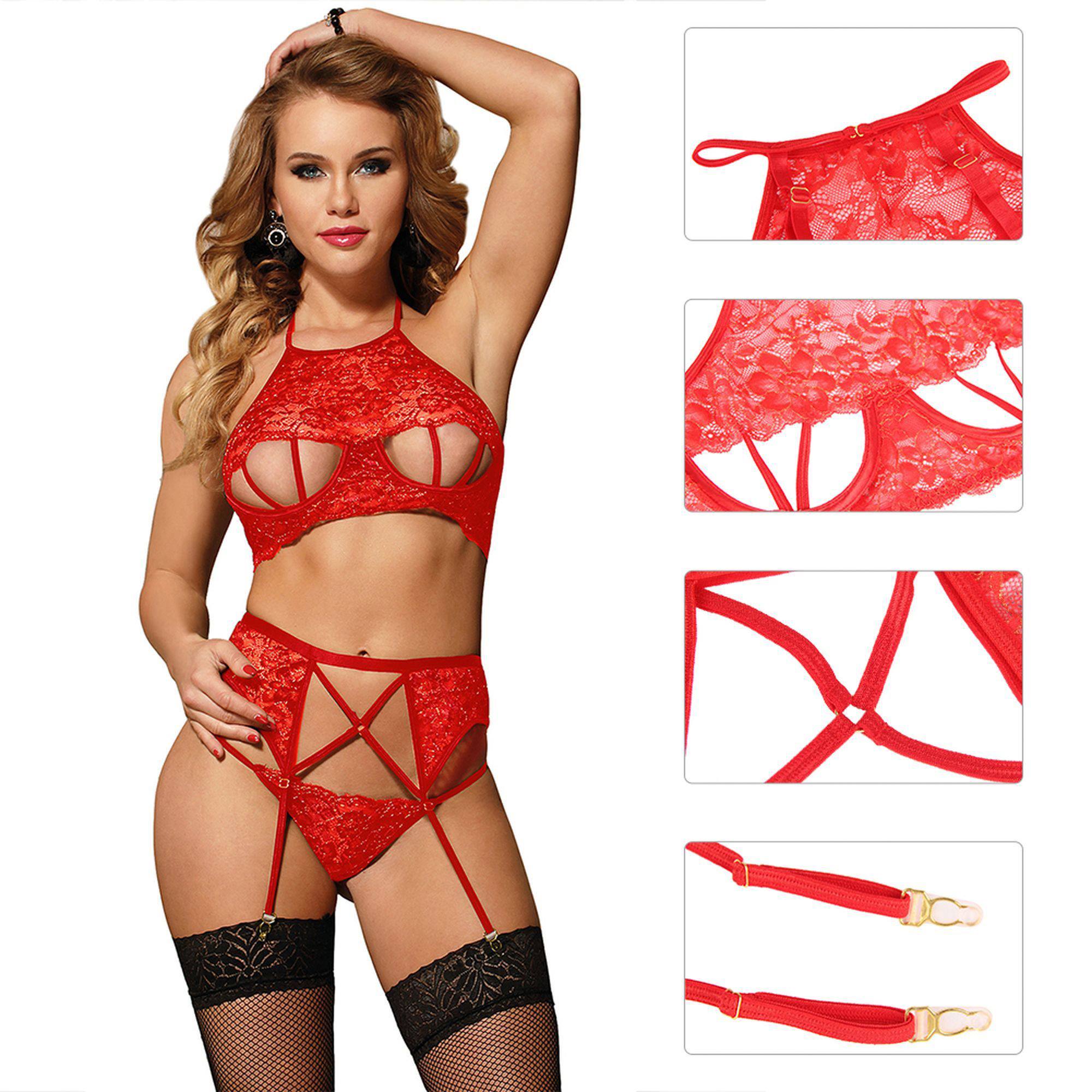 Sexy red lace bra and steel ring set Size S-M