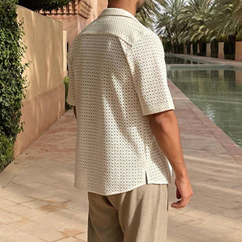 Shinesia Foil Print Breathable Mens Vacation Shirts Short Sleeves Custom Hollow Out Mesh Resort Shirt