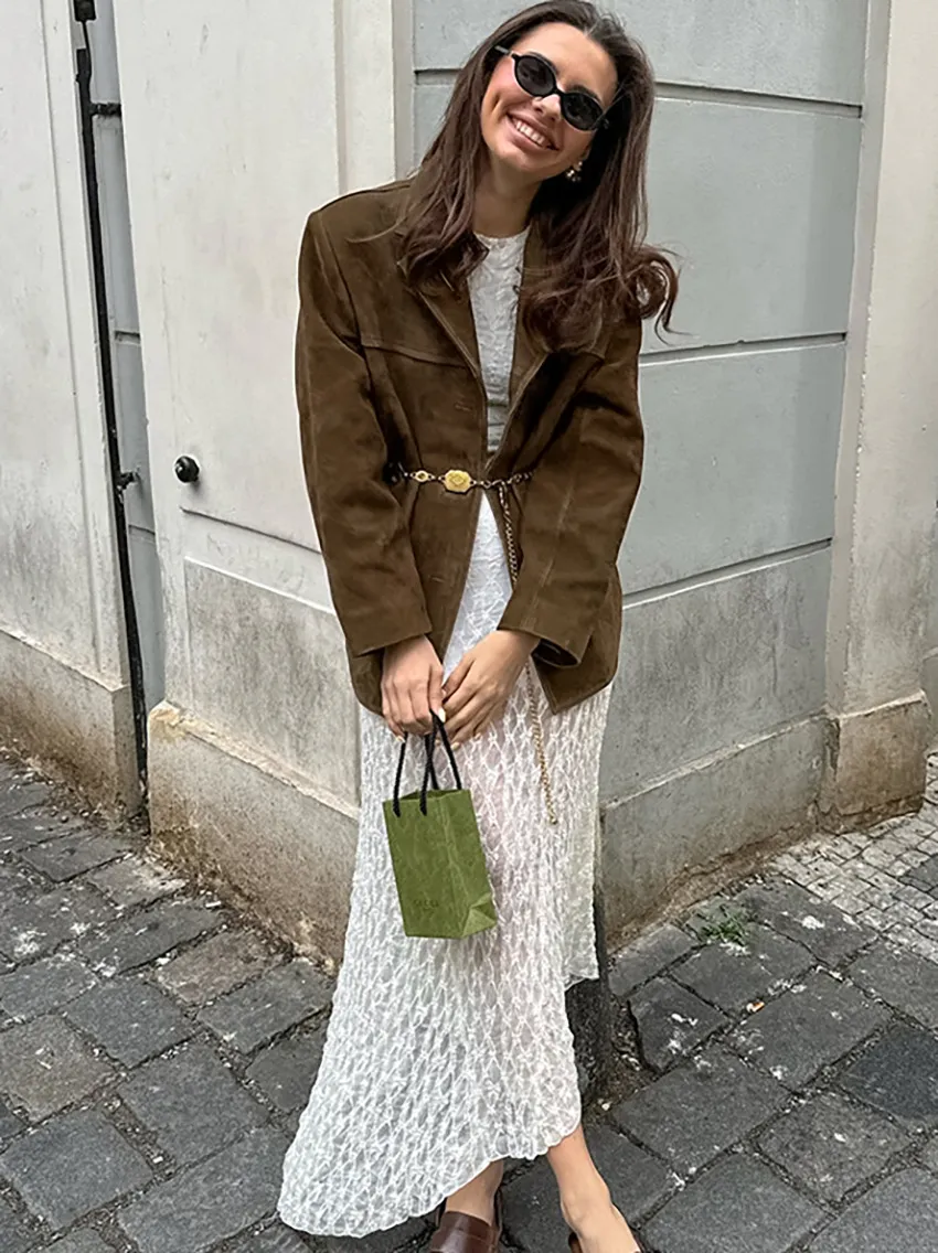 Trendy Brown Suede Leather Outerwear for Modern Fashion