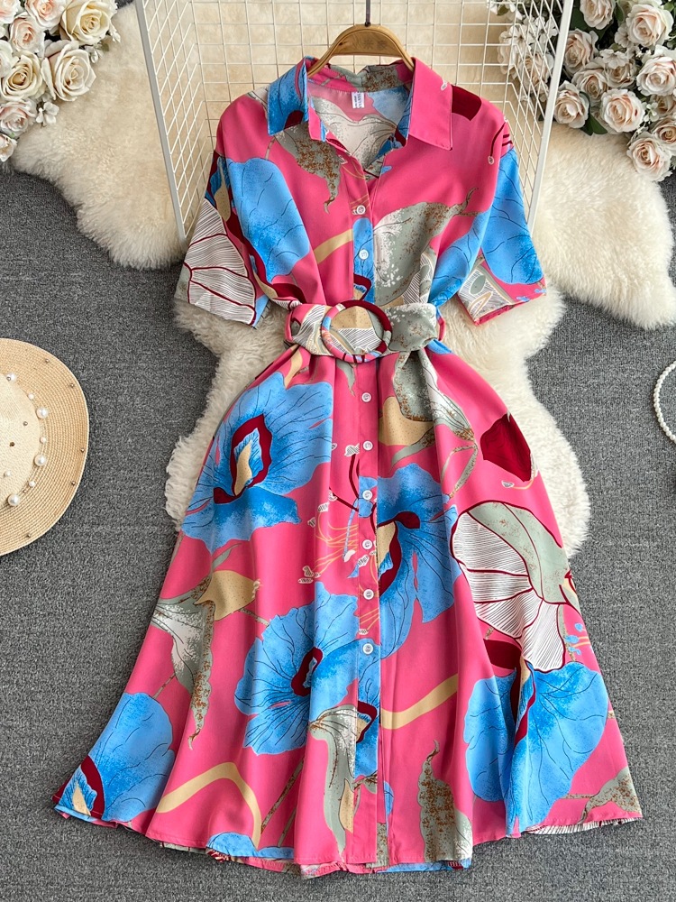 Summer Korean High-Grade Light Luxury Premium Short Sleeve Lapel and Waist Tight Slimming Single-Breasted Printed Casual Dress