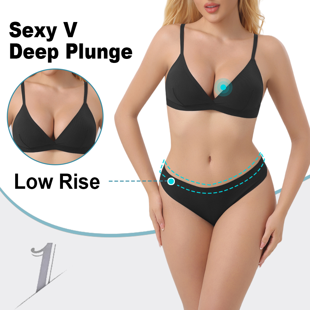 BR15 DD03 ODM Women's Invisible Wirefree Triangle Sexy Deep Plunge Soft Cup Back Closure Bralette Thong Underwear Set