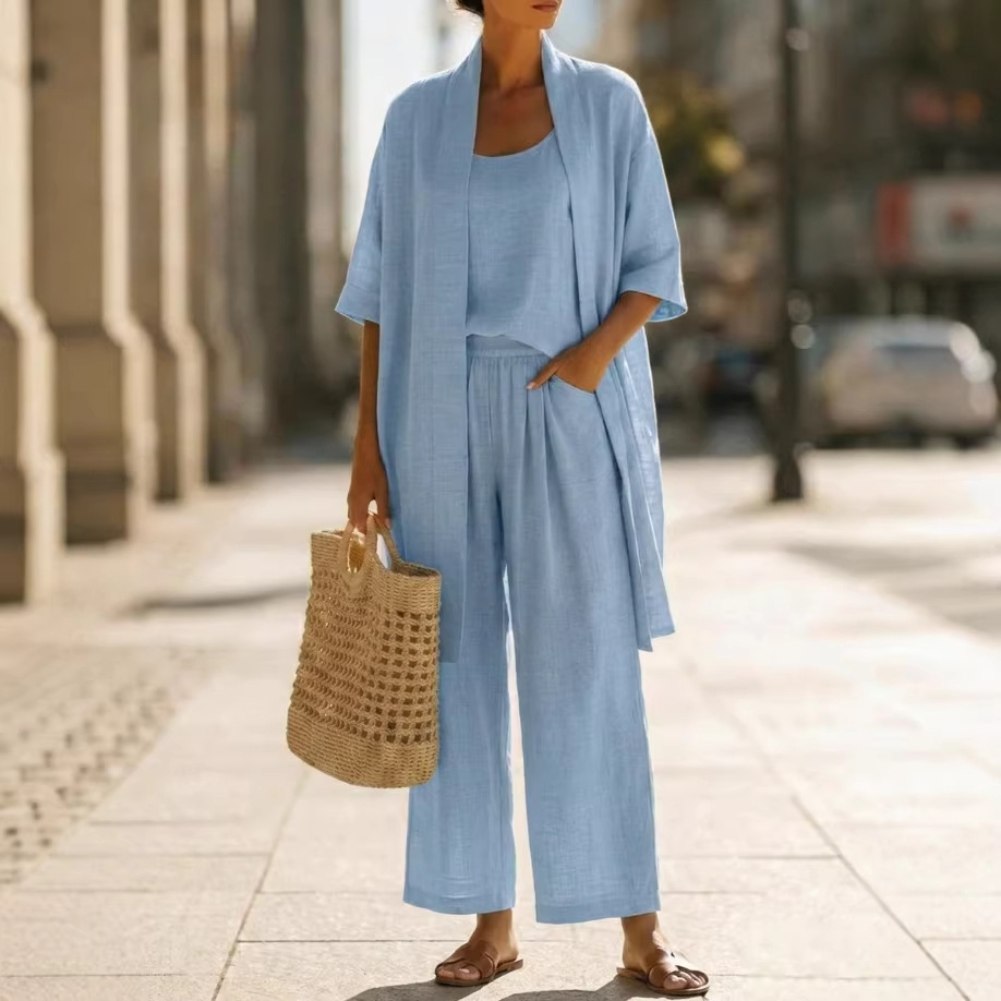 2026 Cross-Border Summer Three-Piece Set Europe America Strap-Style Cardigan Straight-Leg Pants Solid Color Casual Resort Wear